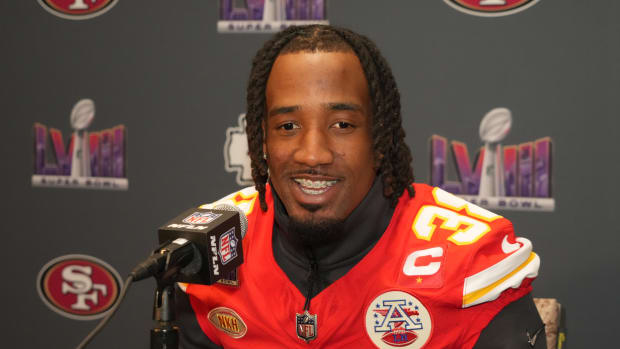 Feb 7, 2024; Las Vegas, NV, USA; Kansas City Chiefs cornerback L'Jarius Sneed (38) during a press conference before Super Bowl LVIII at Westin Lake Las Vegas Resort and Spa.